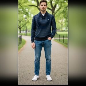 American Eagle Black Blue-striped Shawl collar sweater Size Large